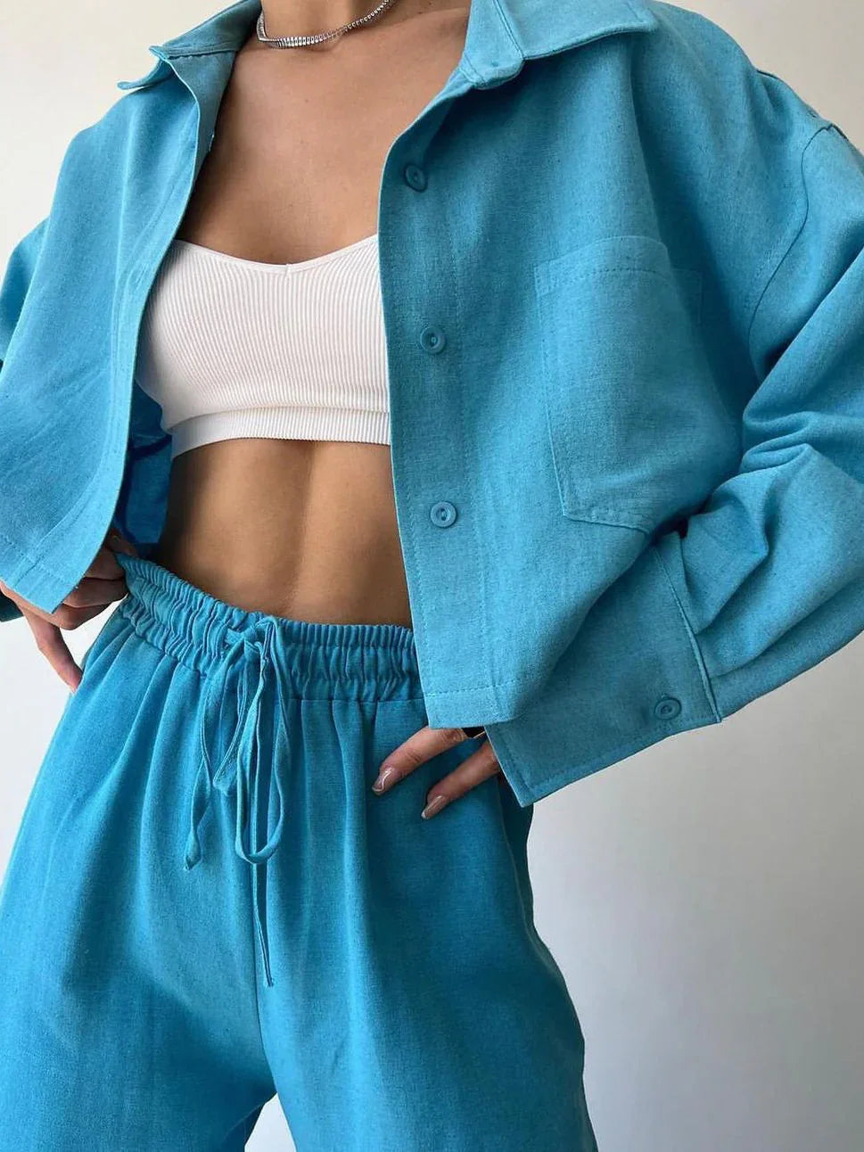 Casual Collared Drawstring Two Piece Pants Set - LA FEMME WANDERER