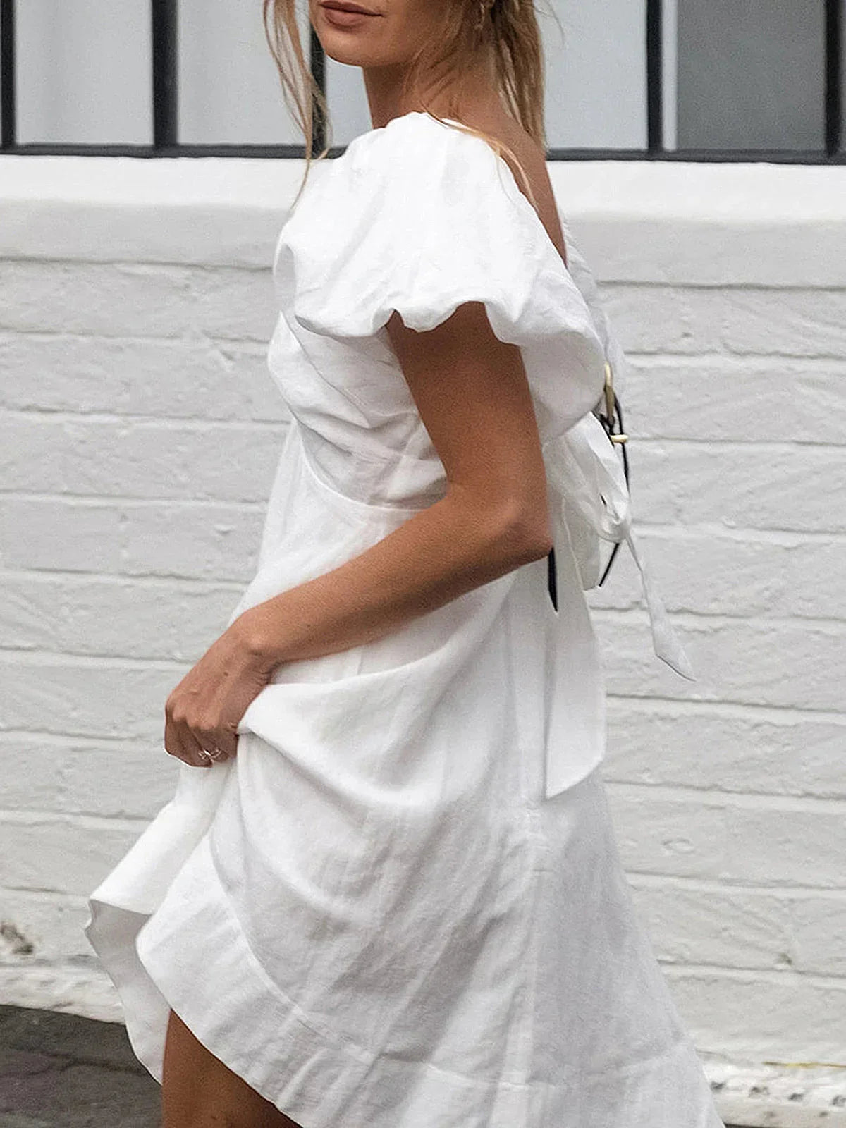 Cotton V-Neck Puff Sleeves Backless Dress - LA FEMME WANDERER