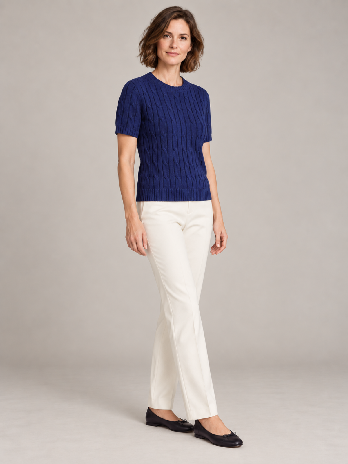 Women’s Cable Knit Short Sleeve Crew Neck Top