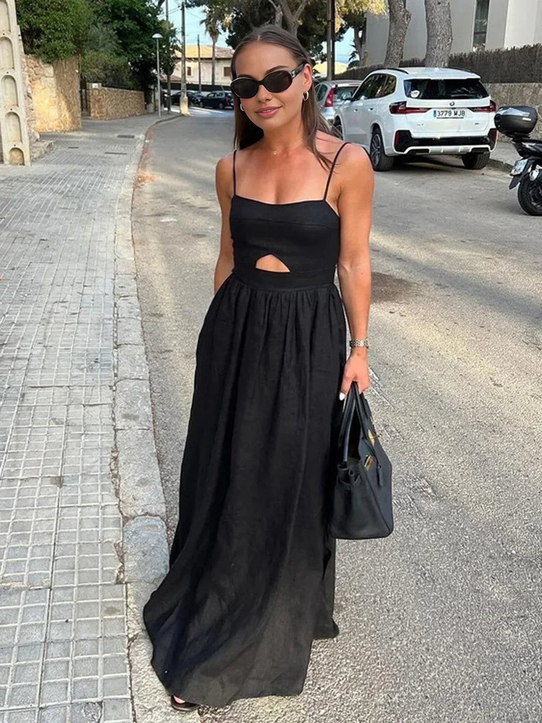 Μακρύ φόρεμα με κοψίματα από βαμβάκι, αμάνικο και τσέπες - LA FEMME WANDERER