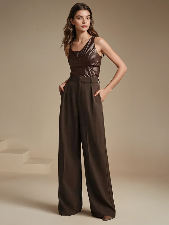 High Waist Wide Leg Trousers With Pleats And Zipper