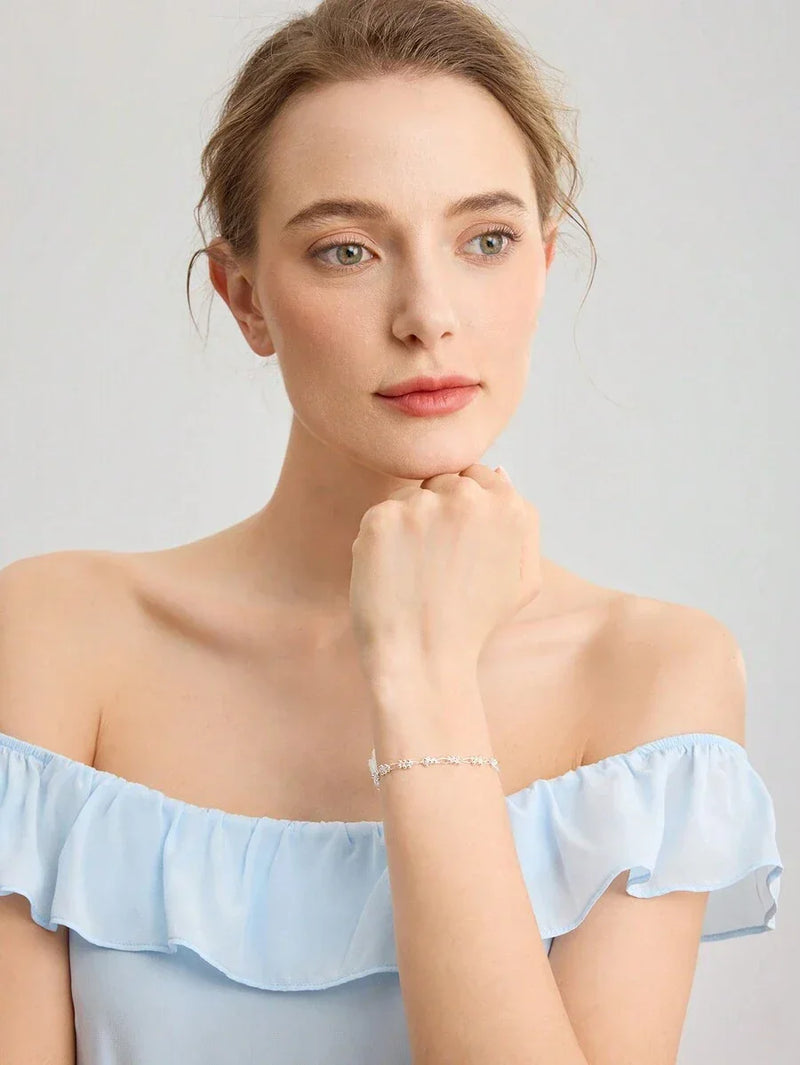 Chic Silver Plated Beaded Chain Bracelet With Rhinestones