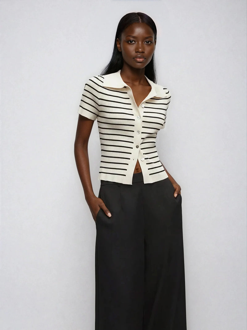 Lined Cashmere Blend Knit Sweater Turndown Collar Stripe