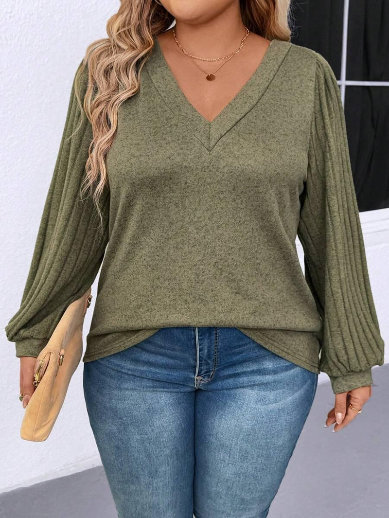 Plus Size V Neck T Shirt With Warm Lining And Bishop Sleeve