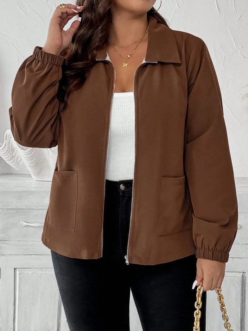 Plus Size Casual Μπουφάν με Φερμουάρ και Φλις Επένδυση και Τσέπες