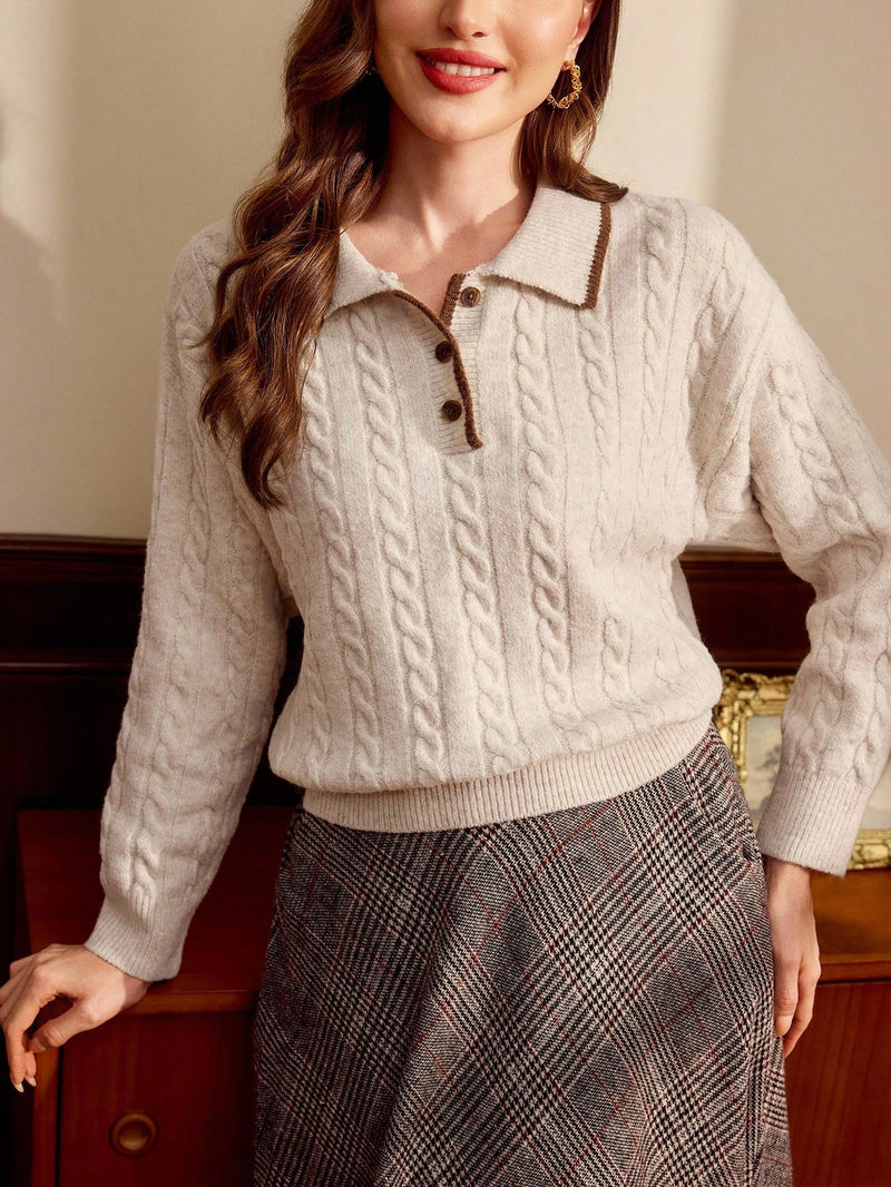 Γυναικείο Πουλόβερ Πόλο με Πλεκτό Γιακά και Κοντό Στυλ σε Χρώμα Βερίκοκου με Λεπτομέρειες στους Ώμους