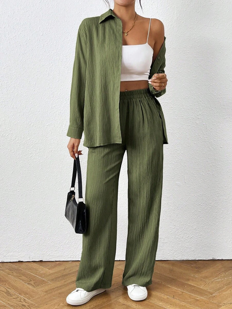 Petite Black Two Piece Office Set Blouse And Pants With Single Breasted Button Front