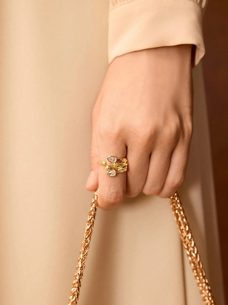 18K Gold Plated Tulip Ring With Rhinestones Glamour