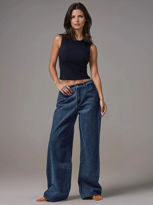 Mid Rise Wide Leg Denim Jeans With Silver Button Detail For Casual Everyday Wear