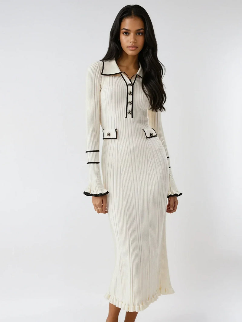 Oldmoney Style Contrast Ruffled Trim Midi Dress