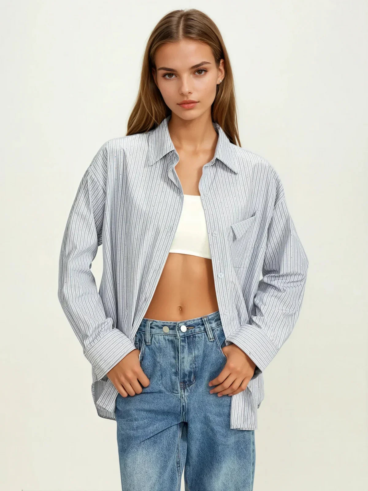 Μακρυμάνικο πουκάμισο με ρίγες και τσέπες με στρας - LA FEMME WANDERER