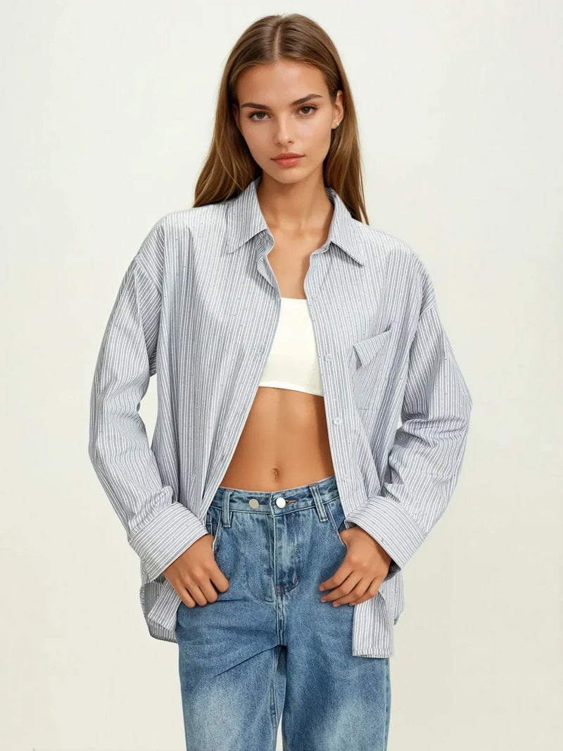 Rhinestone Dot Pinstripe Long Sleeves Pocket Shirt