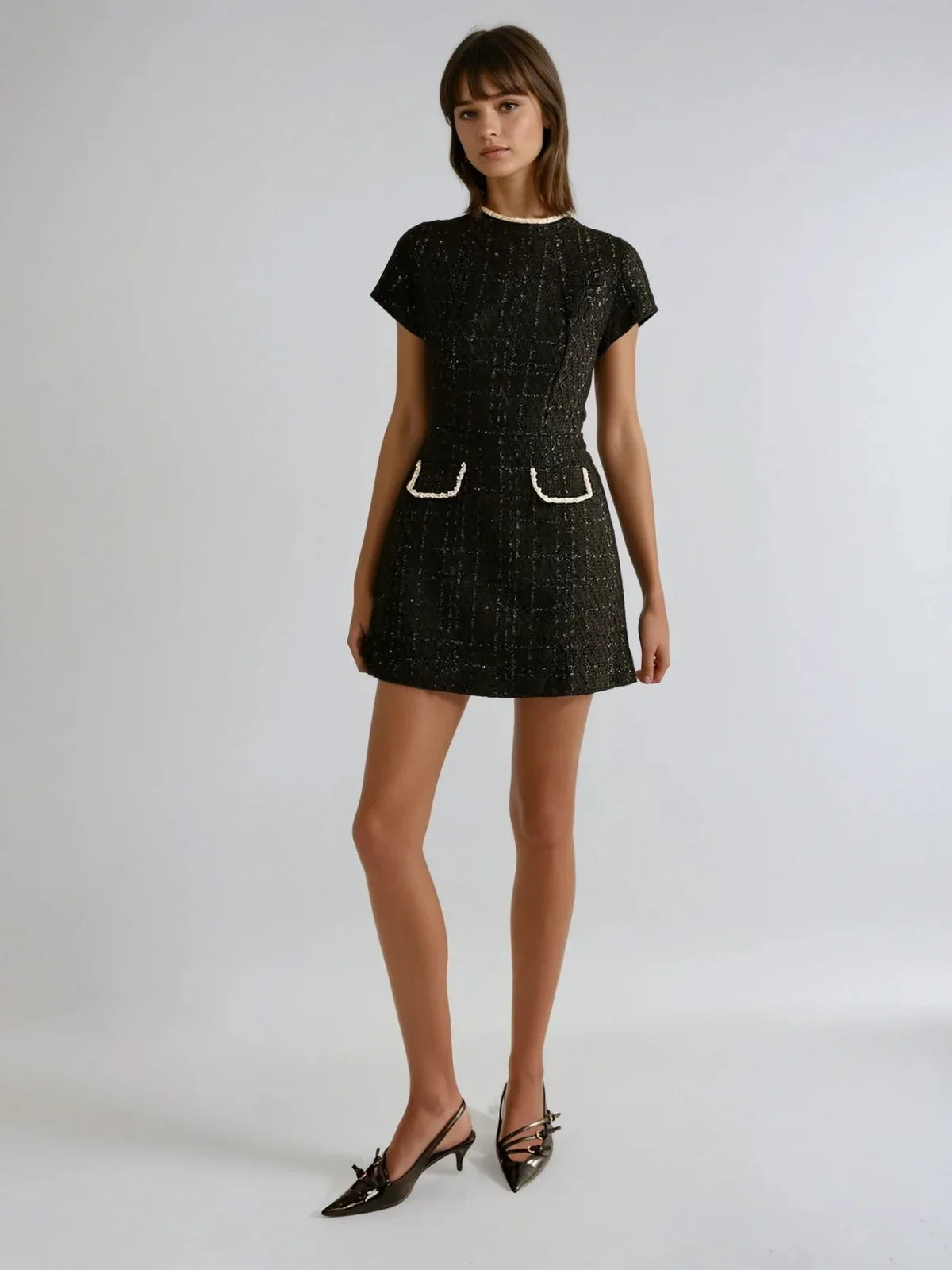 Slim Fit Elegant Style Short Sleeve Tweed Dress - LA FEMME WANDERER