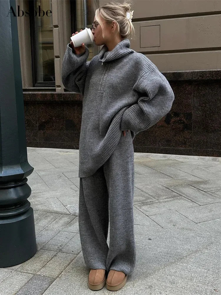 Σετ μονόχρωμο πουλόβερ με μισό φερμουάρ - LA FEMME WANDERER