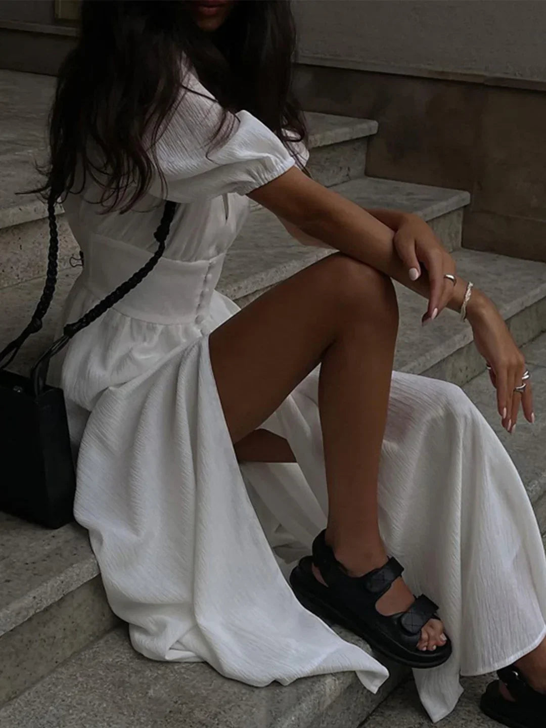 Μακρύ φόρεμα με κουμπιά Frenchy μανίκια - LA FEMME WANDERER