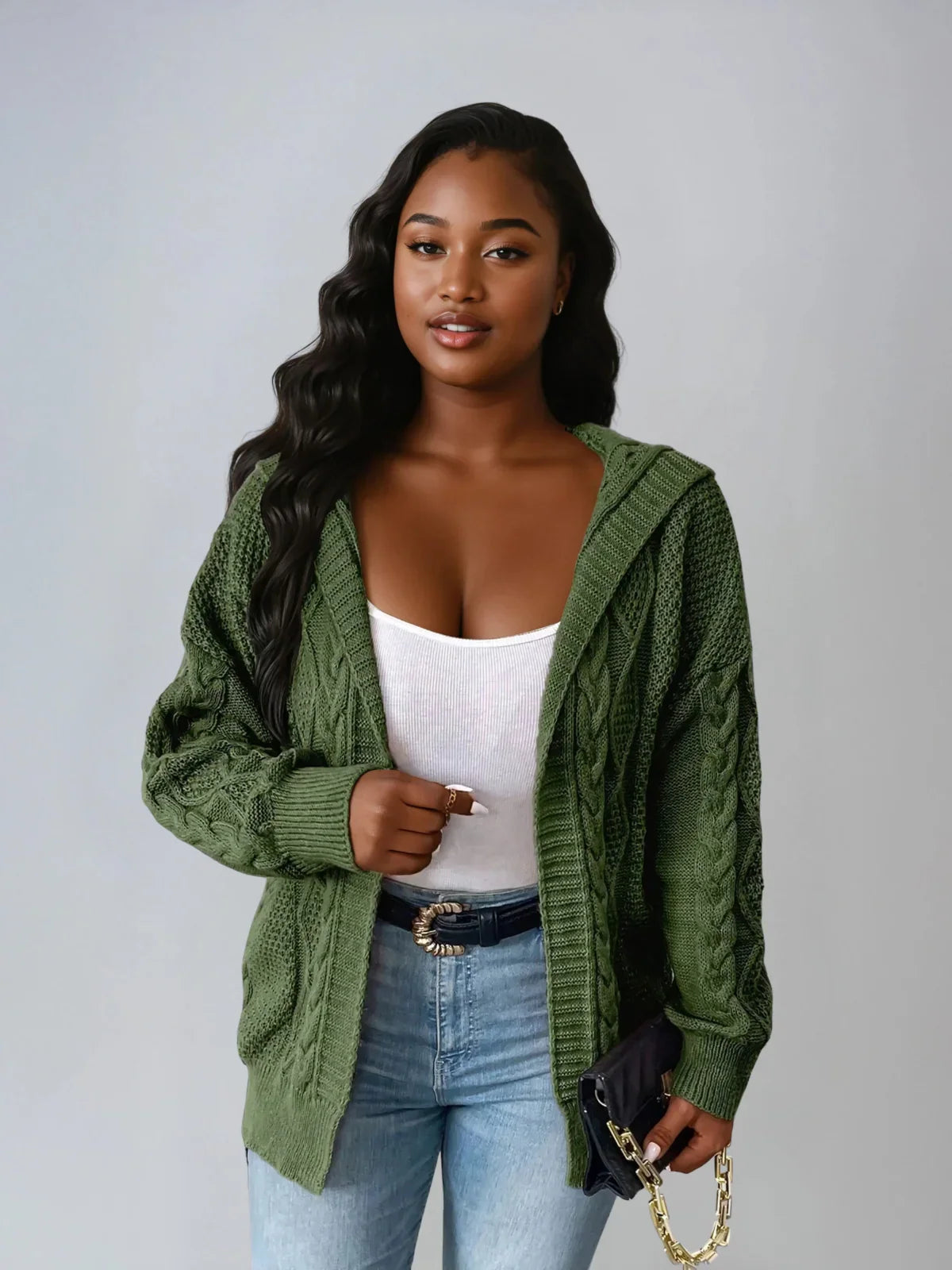 Πλεκτή ζακέτα με κουκούλα και πλεκτό νήμα, ανοιχτό μπροστά, casual, σε μεγάλα μεγέθη - LA FEMME WANDERER