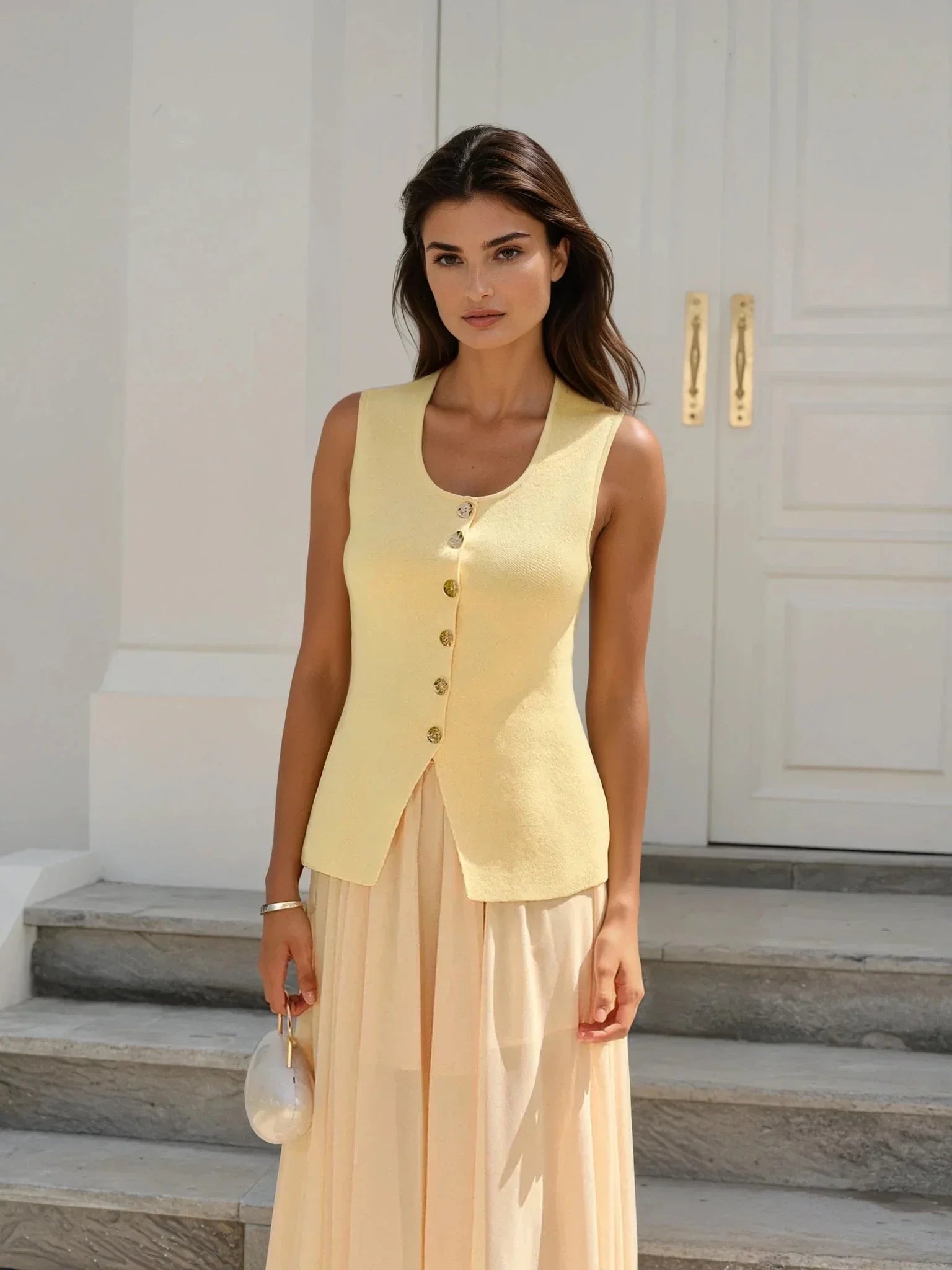 Sleeveless Square-Neck Buttoned Top With Split Hem - LA FEMME WANDERER