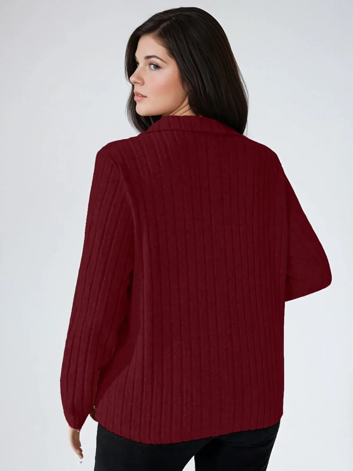 Plus Size Ribbed Turndown Collar Long Sleeve Tee Casual - LA FEMME WANDERER