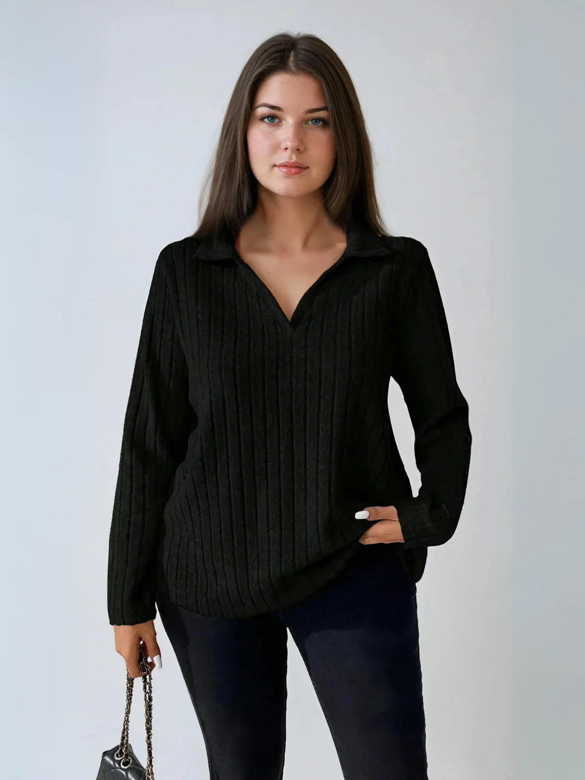 Plus Size Ribbed Turndown Collar Long Sleeve Tee Casual - LA FEMME WANDERER