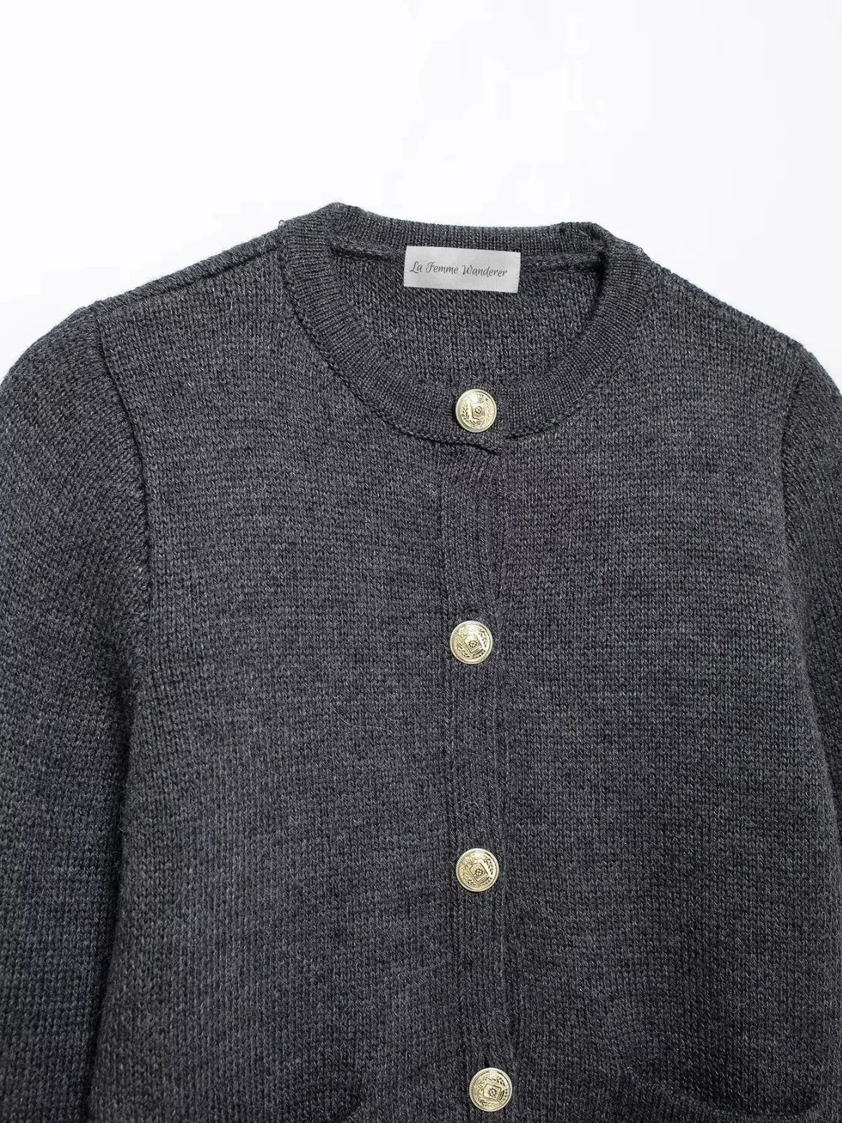 Gold Decorated Row Button Short Knitted Cardigan - LA FEMME WANDERER