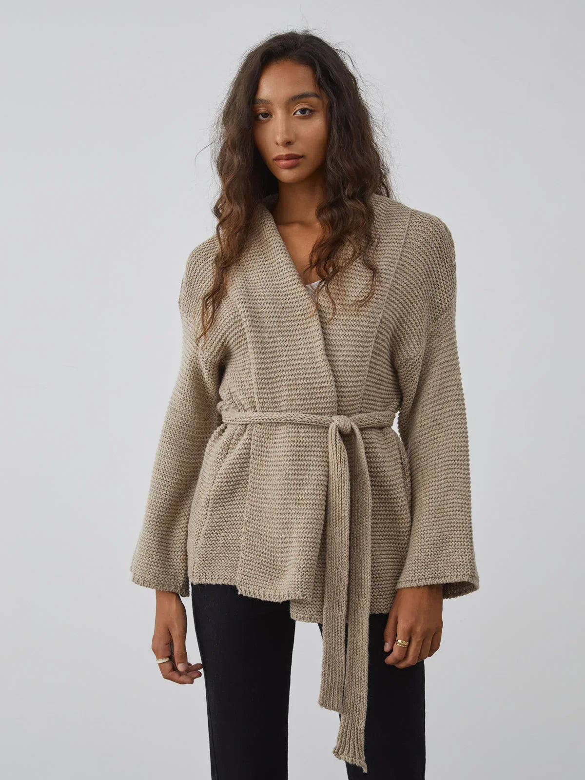 Taupe Tie Cardigan - LA FEMME WANDERER