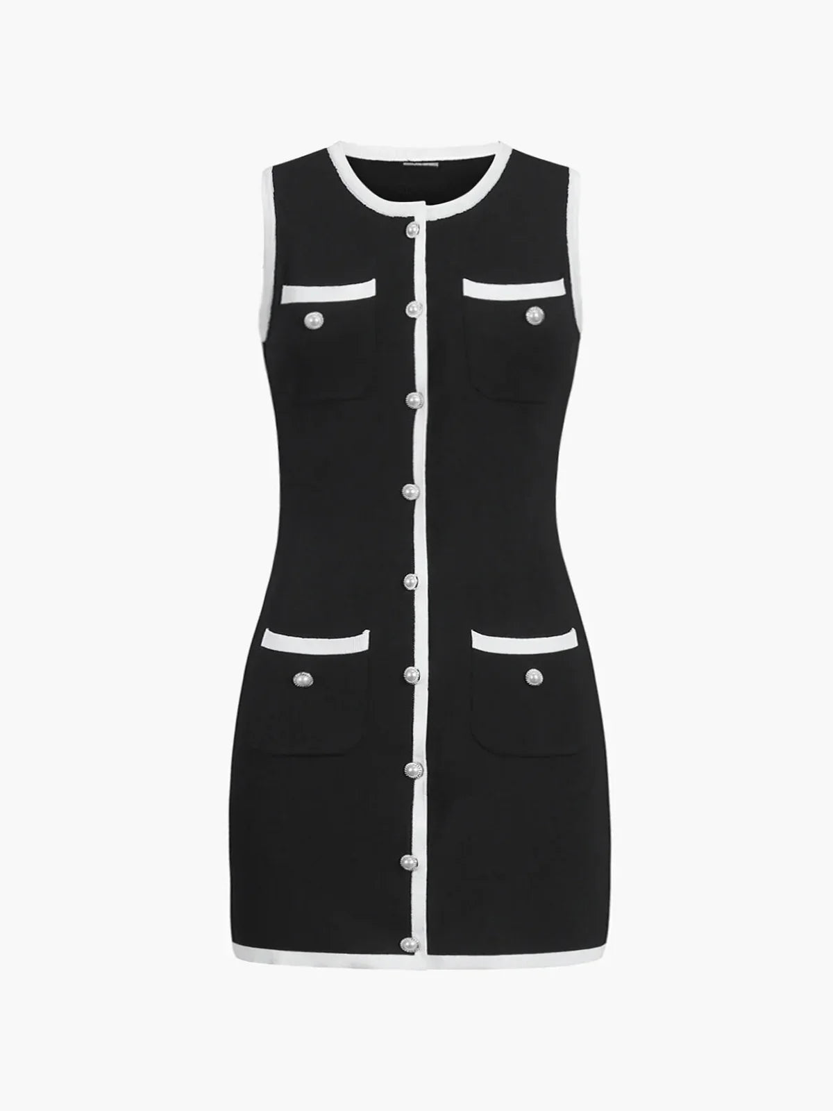 Multi Pocket Button Sleeveless Short Sweater Dress - LA FEMME WANDERER