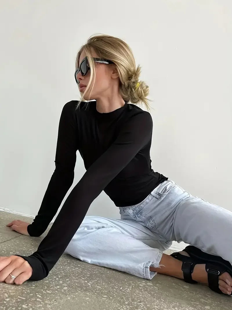 Μονόχρωμο, μακρυμάνικο, ελαστικό, στενό, βασικό τοπ με αντικραδασμική προστασία - LA FEMME WANDERER