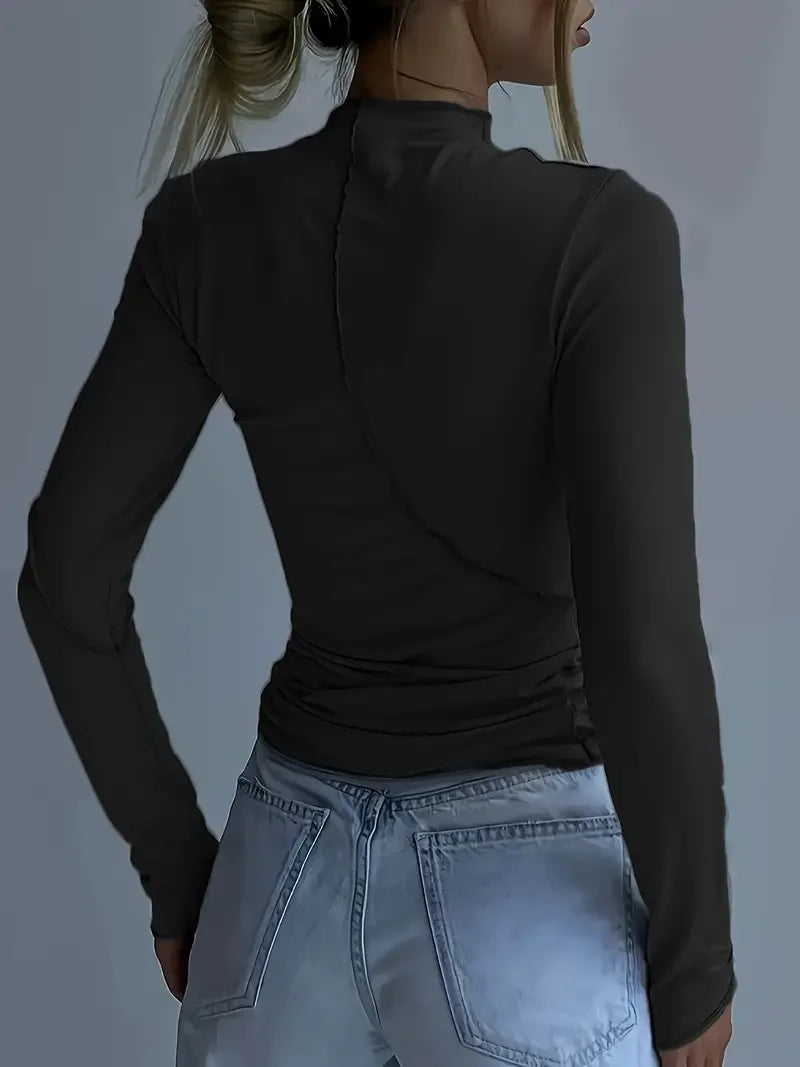 Μονόχρωμο, μακρυμάνικο, ελαστικό, στενό, βασικό τοπ με αντικραδασμική προστασία - LA FEMME WANDERER