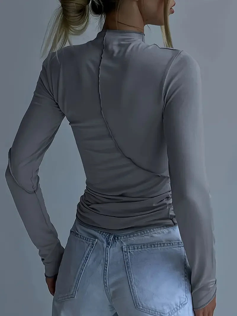 Μονόχρωμο, μακρυμάνικο, ελαστικό, στενό, βασικό τοπ με αντικραδασμική προστασία - LA FEMME WANDERER