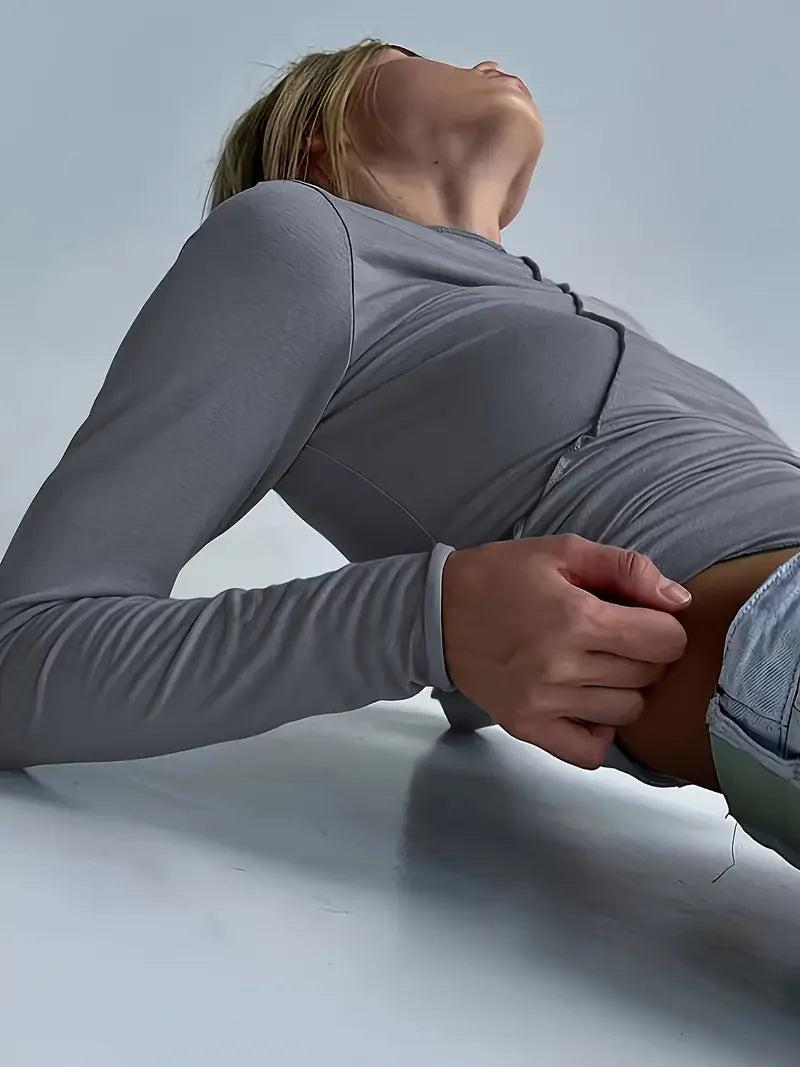 Μονόχρωμο, μακρυμάνικο, ελαστικό, στενό, βασικό τοπ με αντικραδασμική προστασία - LA FEMME WANDERER