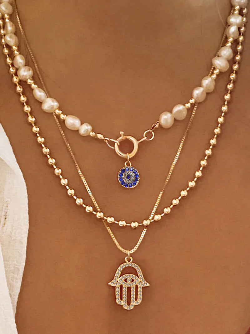Pearl & Hamsa Hand Multi-Layer Necklace Set