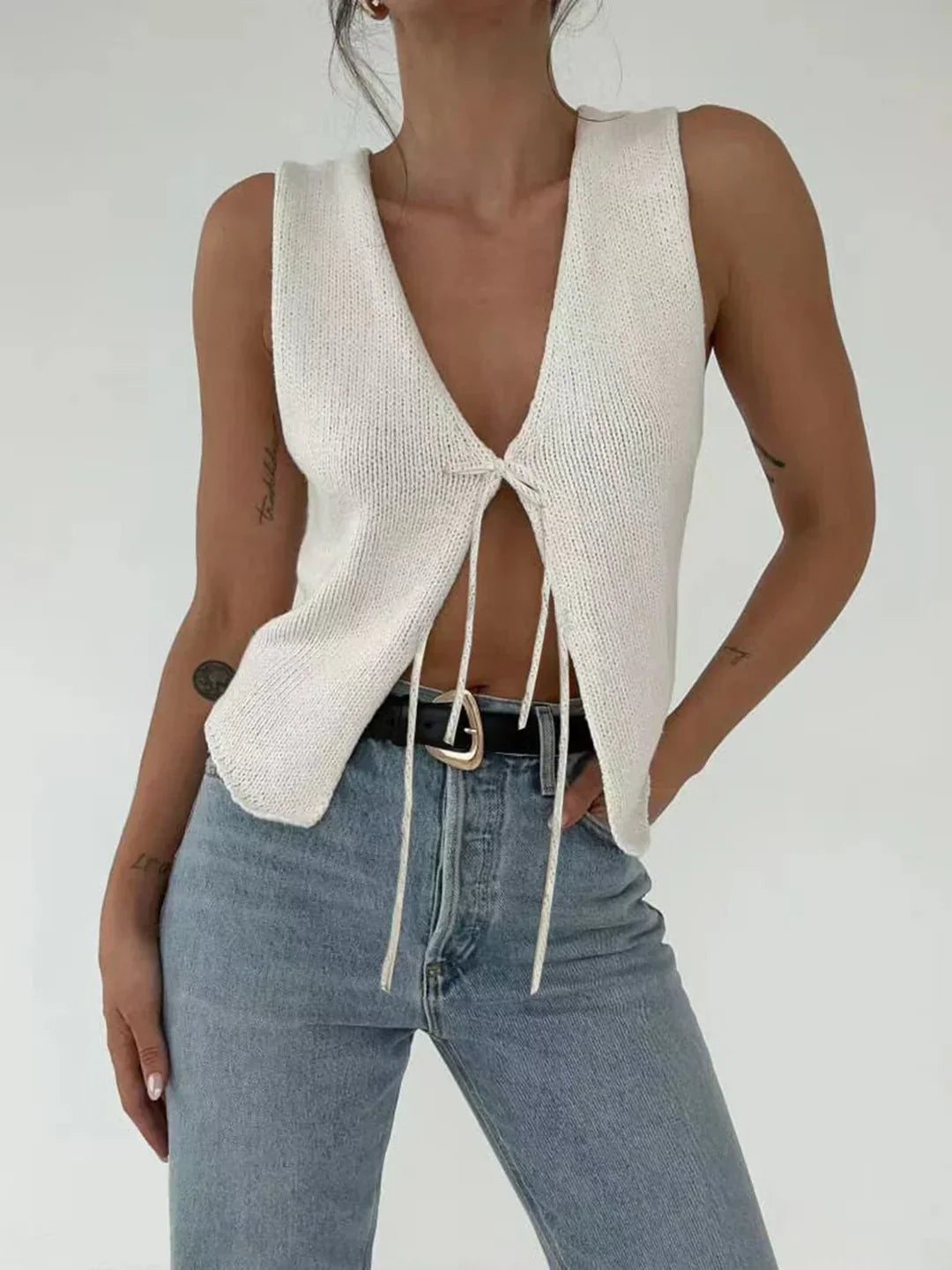 Solid Knotted Sweater Vest - LA FEMME WANDERER