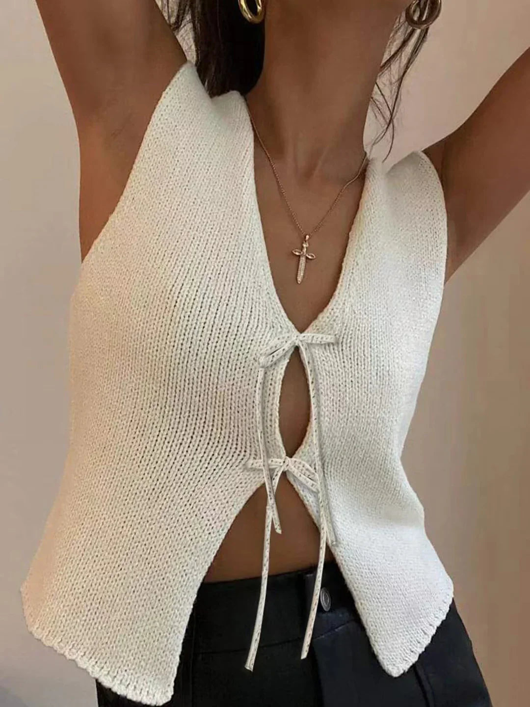 Solid Knotted Sweater Vest - LA FEMME WANDERER