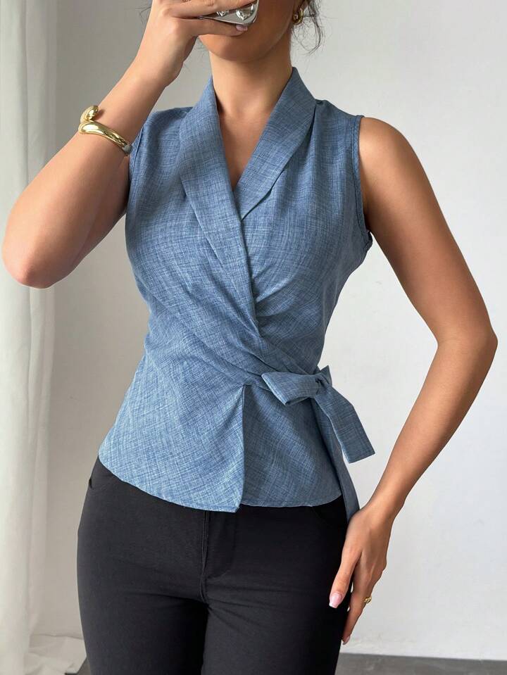 Tailored Blue Waist-Tie Vest for Elegant Everyday Styling