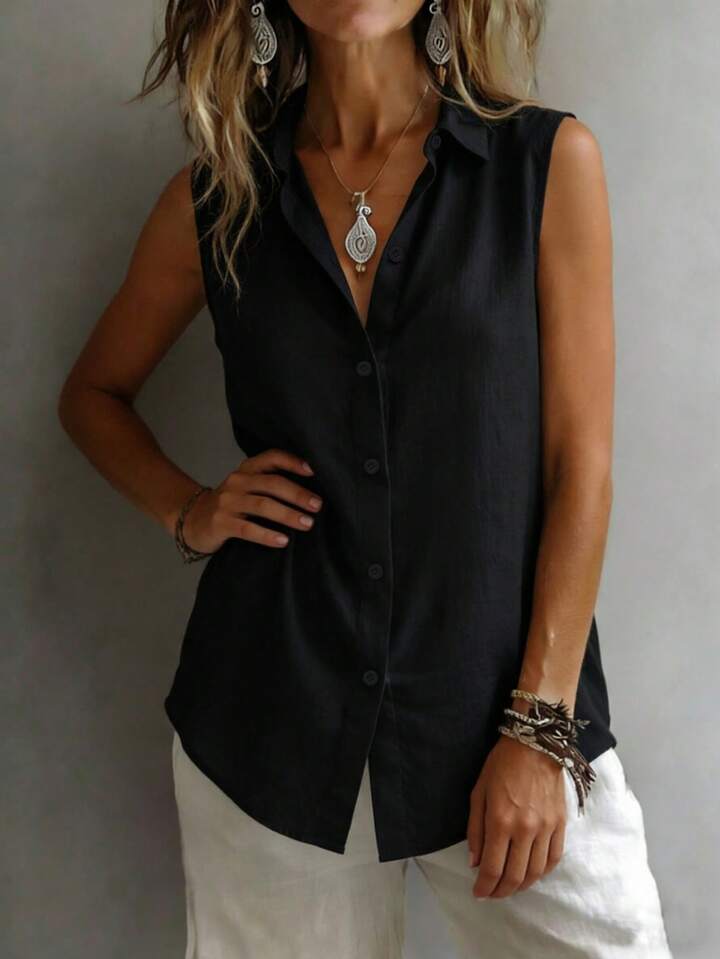 Quiet Luxury Button-Up Top – Minimalist Sleeveless Blouse for Timeless Wardrobe Staples