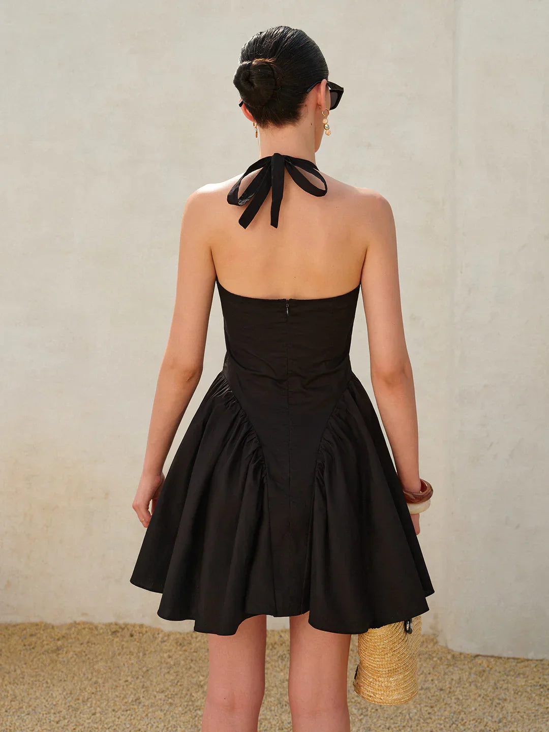 Timeless Noir Bow Tie Pleated Halter Dress - LA FEMME WANDERER