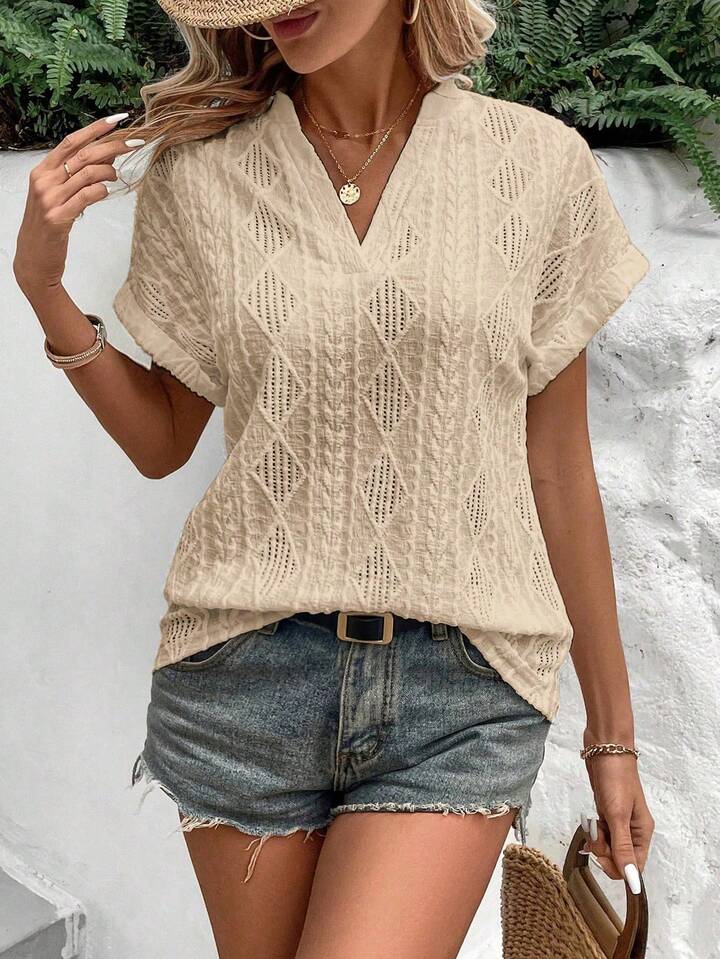 V-Neck Top with Intricate Openwork Details