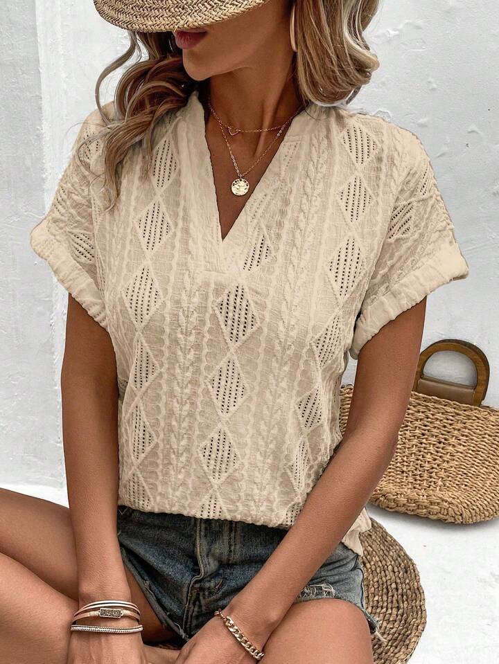 V-Neck Top with Intricate Openwork Details