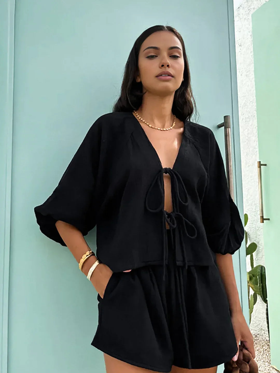 Σετ ασορτί σορτς με μακριά μανίκια και δέσιμο μπροστά από βαμβάκι - LA FEMME WANDERER