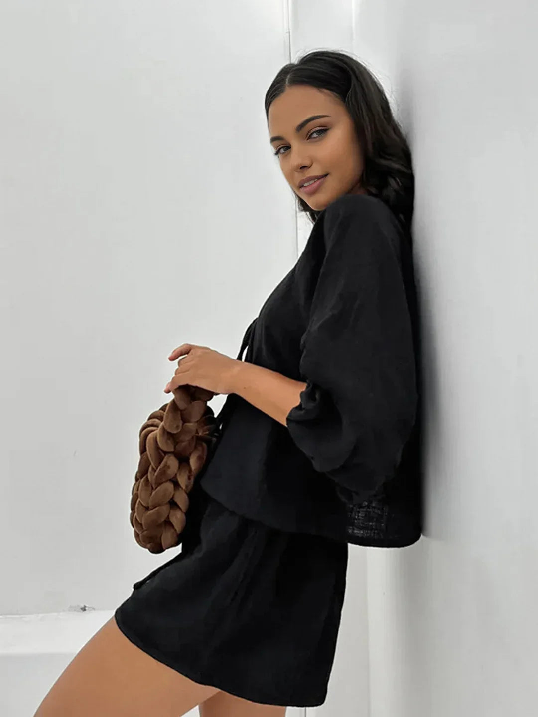 Σετ ασορτί σορτς με μακριά μανίκια και δέσιμο μπροστά από βαμβάκι - LA FEMME WANDERER