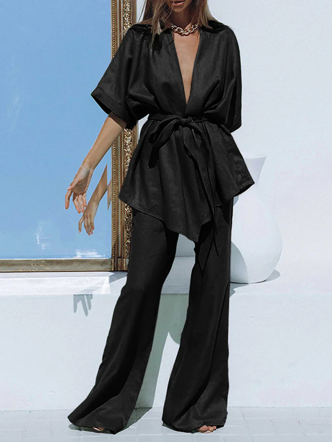 Σετ δύο τεμαχίων παντελόνι με φαρδιά γραμμή και σχέδιο ζώνης από λινό δετό - LA FEMME WANDERER