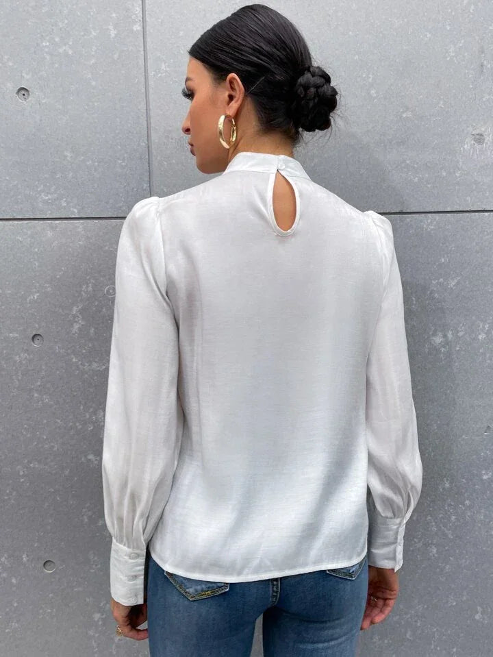 French Style Tie Neck Puff Sleeve Satin Blouse - LA FEMME WANDERER