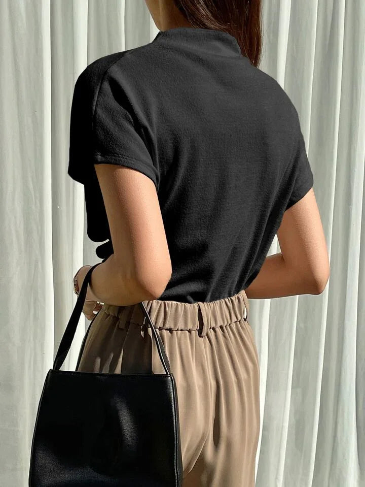 Casual Chic Solid Color Funnel Neck Blouse - LA FEMME WANDERER