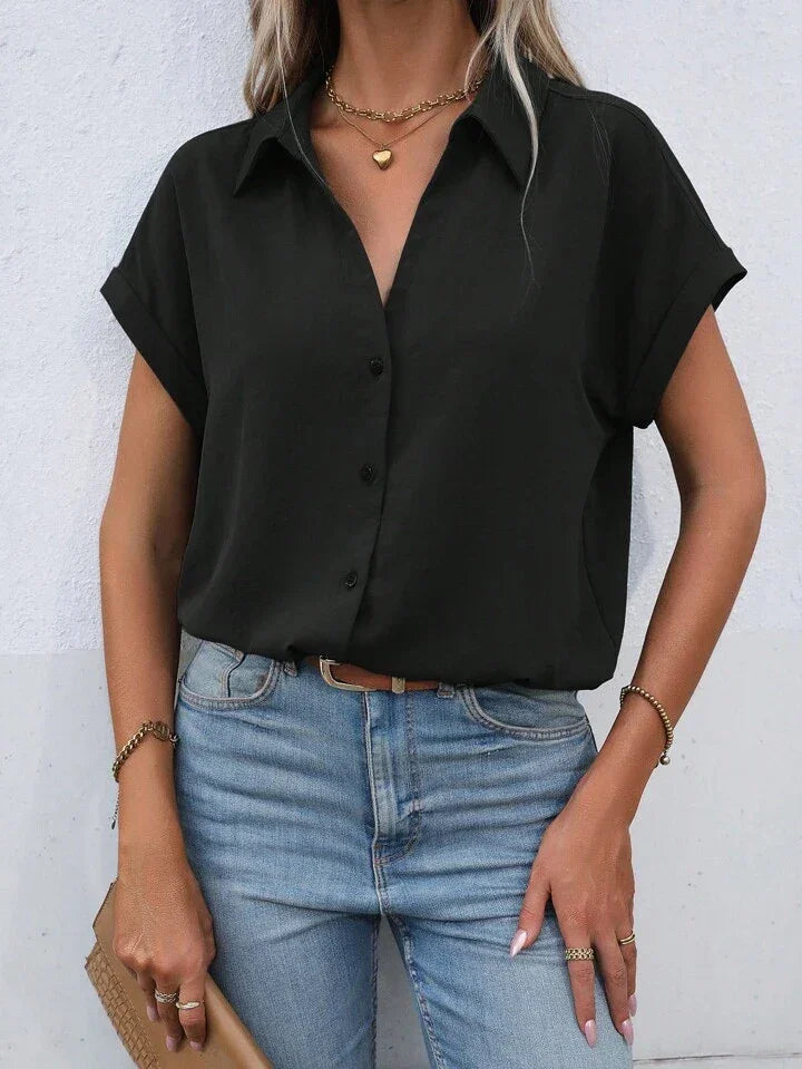 Must-have Short-sleeved Lapel Button Shirt Top - LA FEMME WANDERER