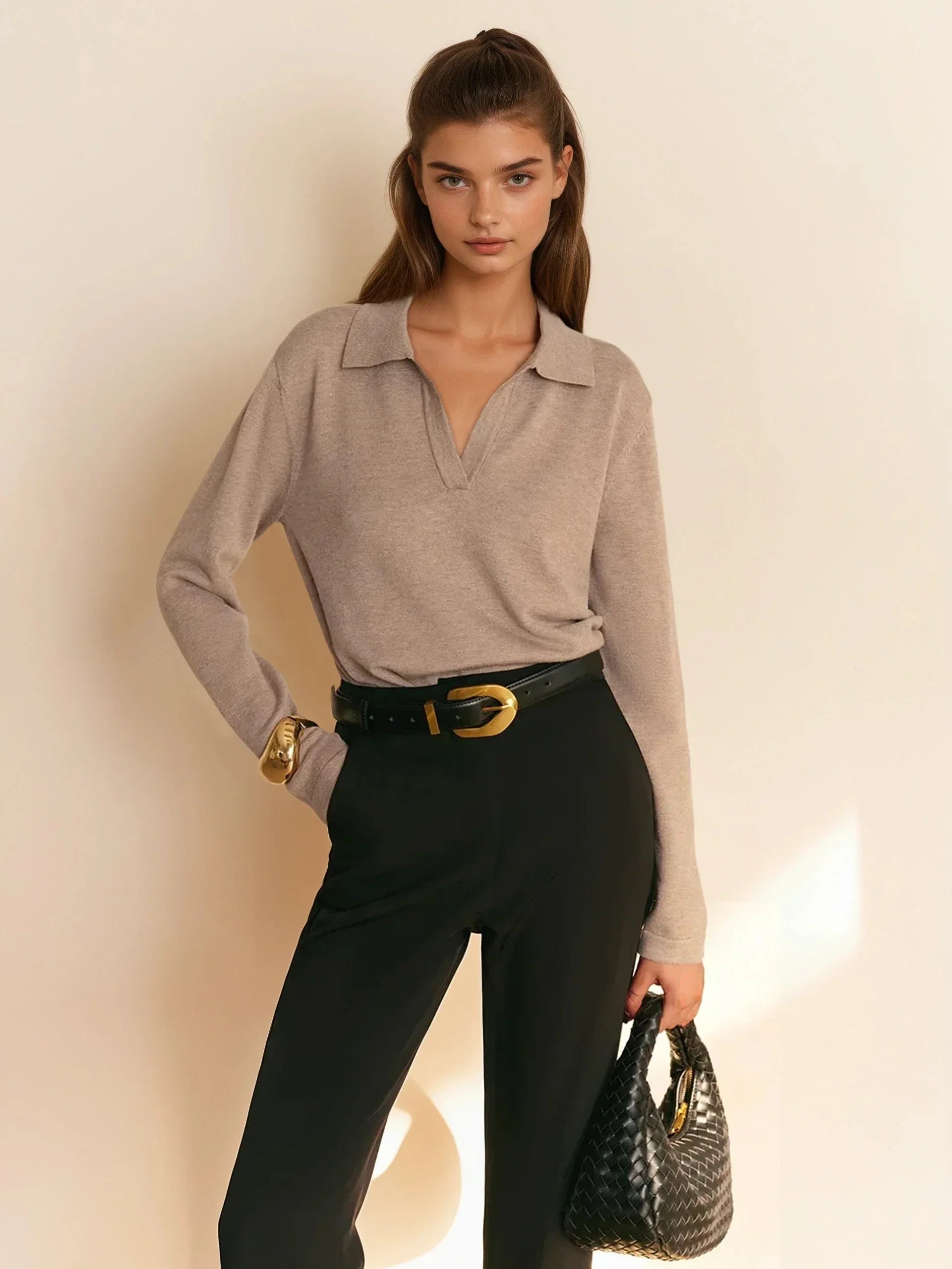 Solid Color Lapel Sweater Temperament Elegant Long Sleeve Retro - LA FEMME WANDERER