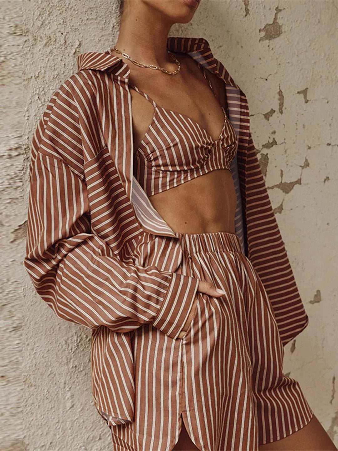 Σετ τριών τεμαχίων σορτς με μακριά μανίκια και πέτο, μονόπετο - LA FEMME WANDERER