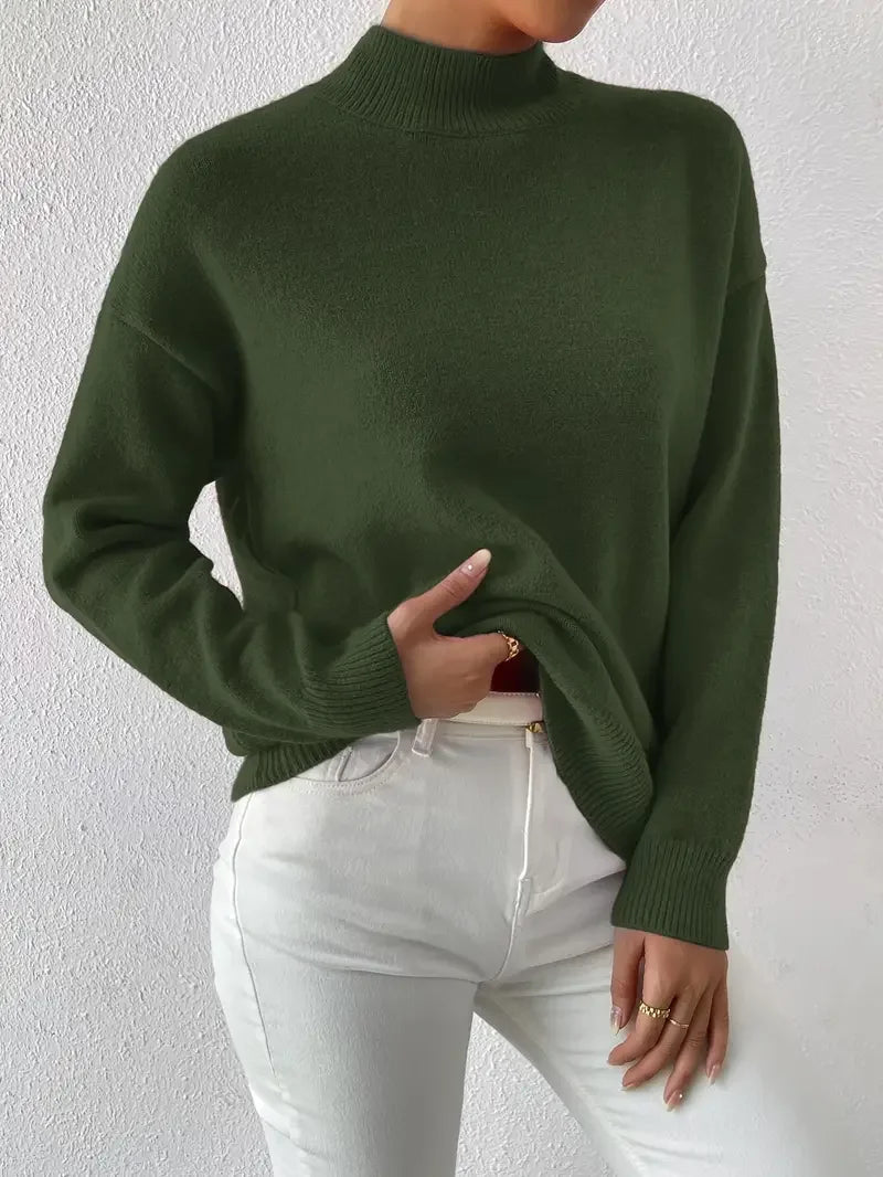 Half Turtleneck Solid Color Long Sleeve Knitted Sweater - LA FEMME WANDERER