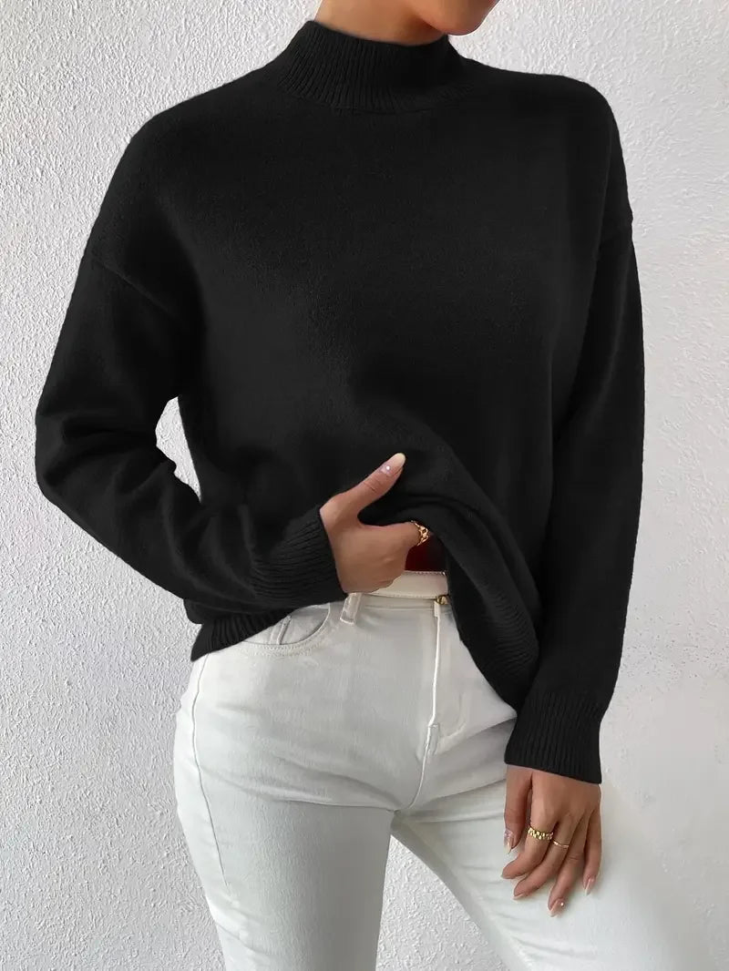 Half Turtleneck Solid Color Long Sleeve Knitted Sweater - LA FEMME WANDERER