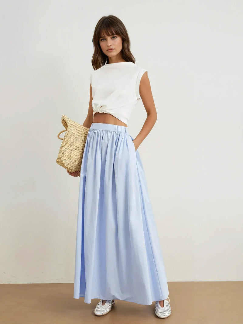 Blue Cotton A-Line Skirt With Pockets