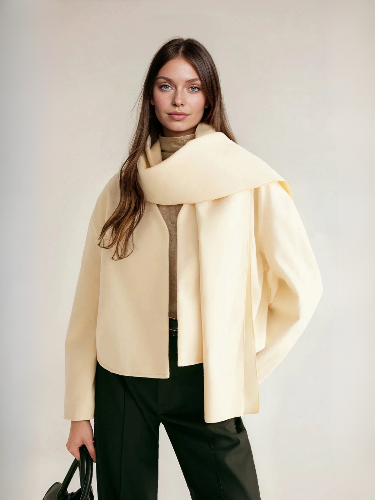 Plain Short Coat With Scarf